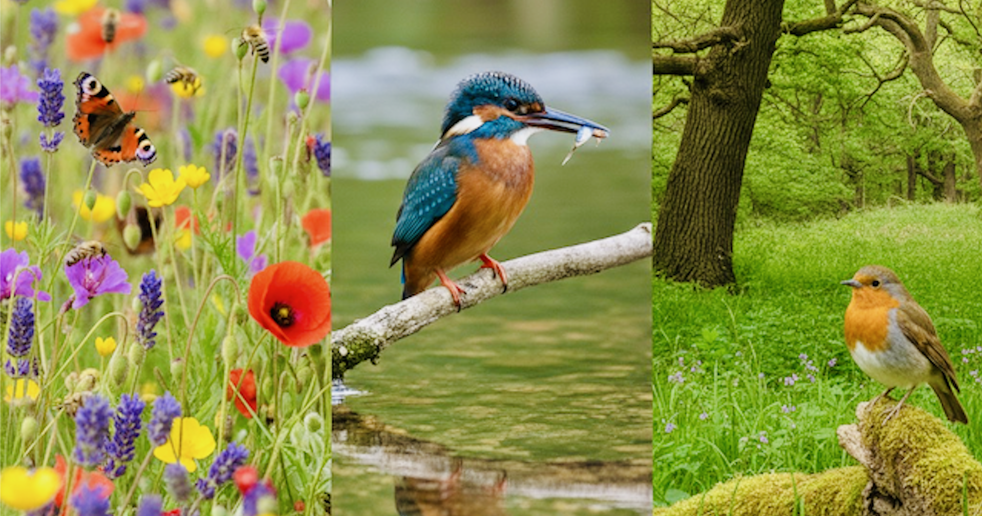 Peacock butterfly, poppy, lavender, buttercup, corncockle, bees, kingfisher with fish, river, and robin perched on a moss covered log and oak tree in typical English countryside settings.